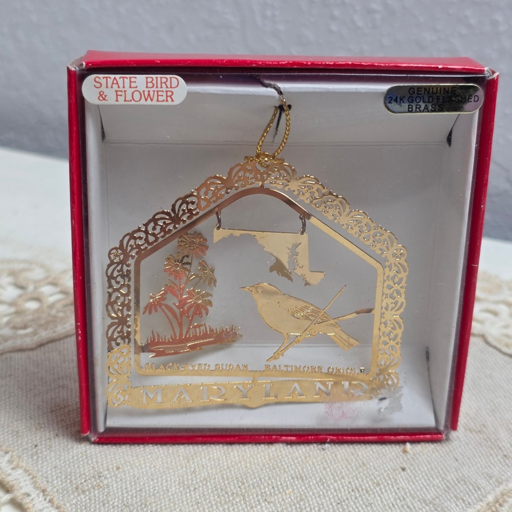 Vintage 90s Nations Treasures Maryland Bird Flower Ornament‎ 24K Gold Oriole